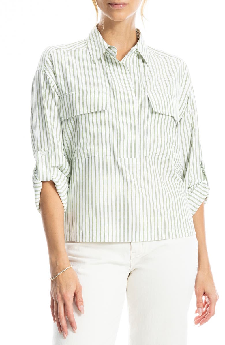 Grid Print Roll Sleeve Popover Shirt