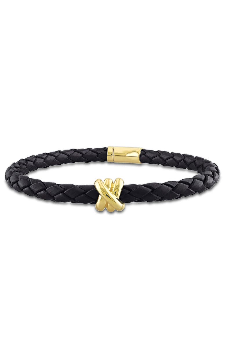 Julianna B. Crossover Motif Black Leather Cord Bracelet 14k, Main, color, Yellow Gold