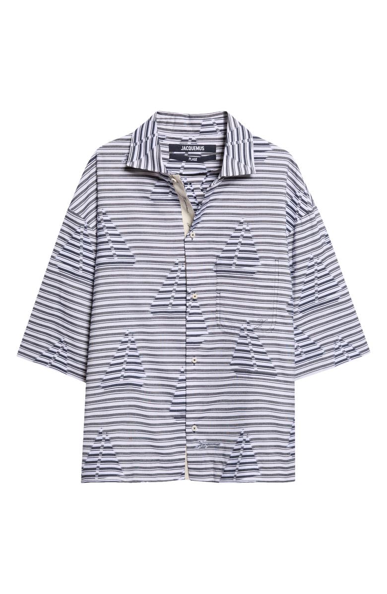 Jacquemus La Plage Stripe Short Sleeve Cotton Jacquard Button-Up Shirt, Alternate, color, Jacquard Boat Navy / White