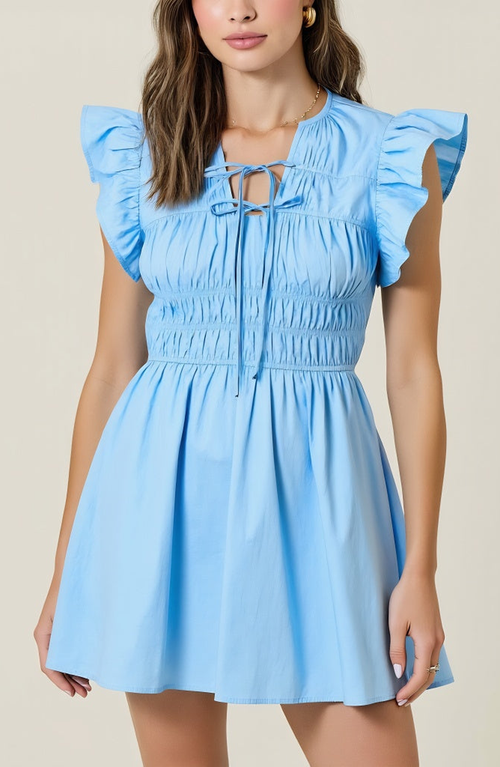 Modenaire Smocked Mini Dress With Ruffle Sleeves And Front Tie Detail