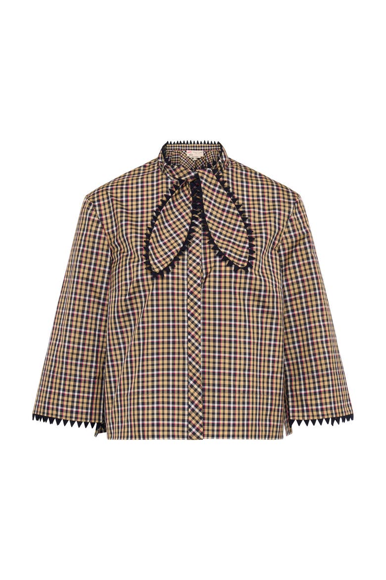 Vichy Tafeta Blouse With Bow Tie, Main, color, Navy/Sand