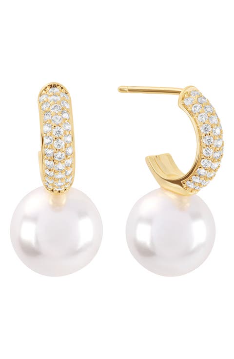 Faux Pearl Pave Cubic Zirconia Huggie Hoop Earrings