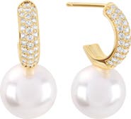 ATHRA LUXE Faux Pearl Pave Cubic Zirconia Huggie Hoop Earrings
