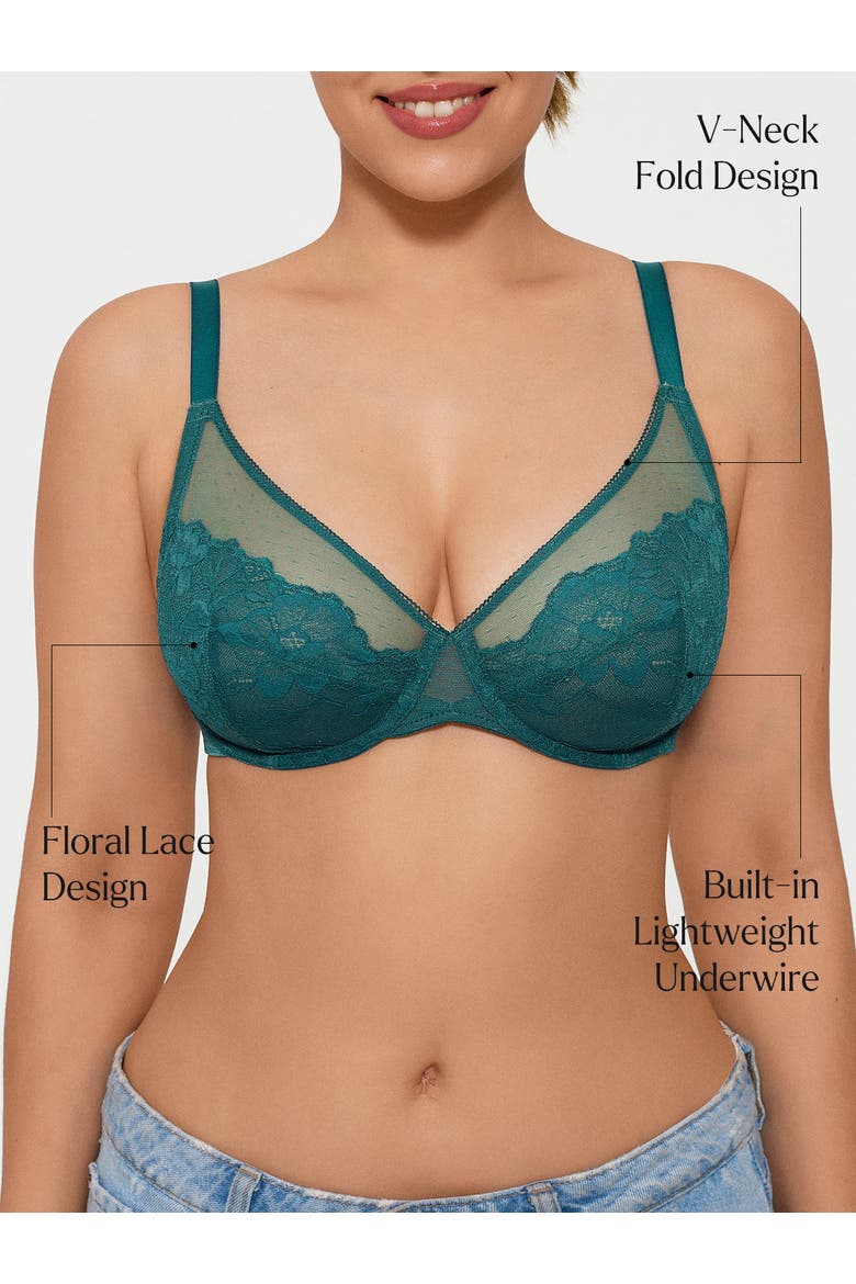Lightweight Underwire Minimizer Lace Mesh Bra, Alternate, color, Leaf