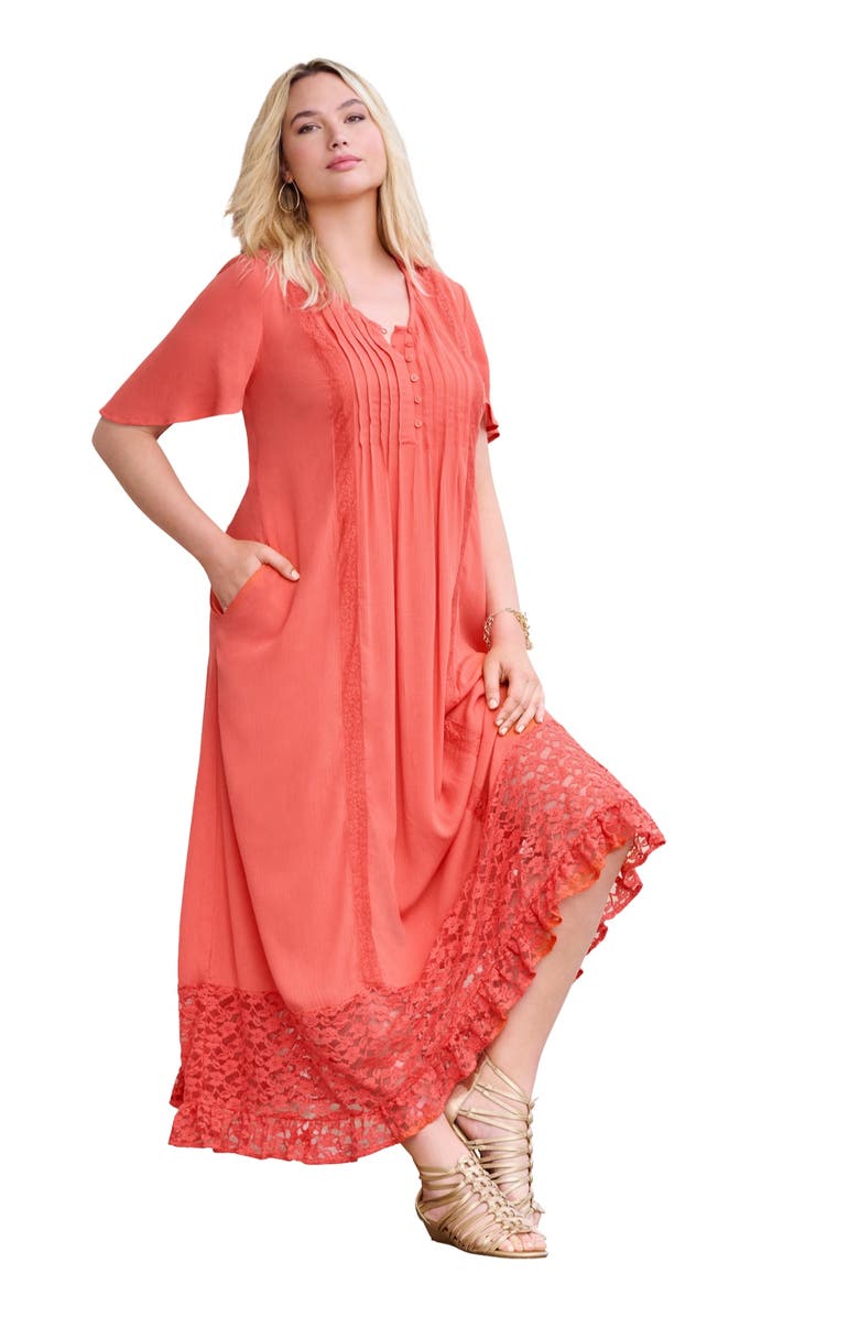 Roaman's Hand-Crinkled Lace-Panelled Boho Dress, Main, color, Dusty Coral