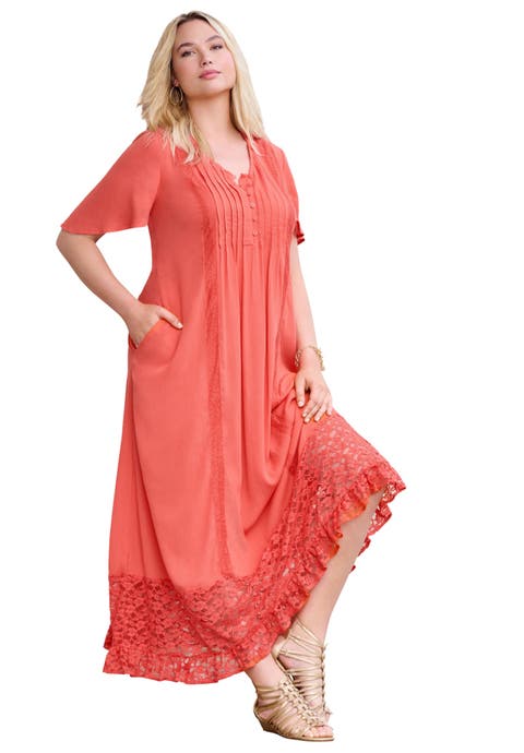 Hand-Crinkled Lace-Panelled Boho Dress (Plus)