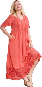 Roaman's Hand-Crinkled Lace-Panelled Boho Dress