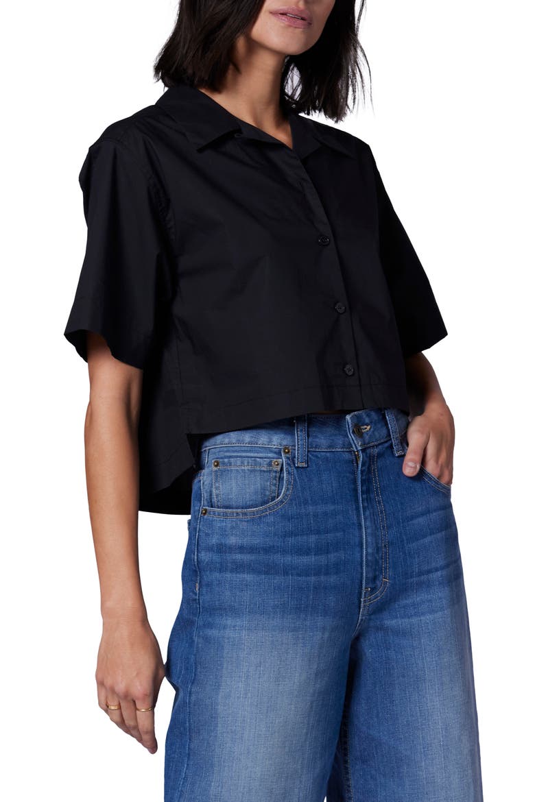 Salma Crop Button-Up Cotton Shirt, Alternate, color, TRUE BLACK