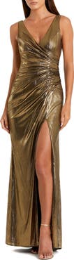 Mac Duggal Metallic Jersey Dress with Ruched Bodice and V-Neck