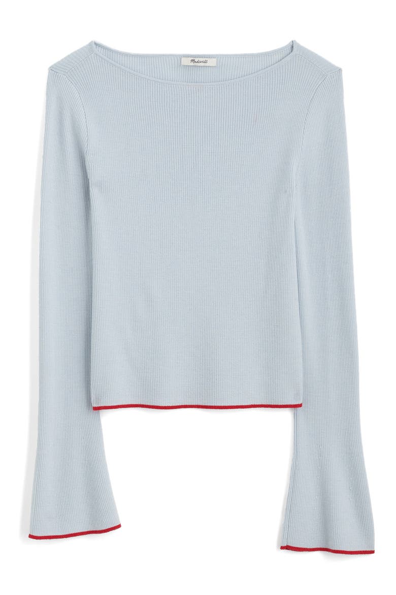 Boat Neck Flare Sleeve Wool & Silk Sweater, Alternate, color, SOFT BLUE WITH RED TIPPING