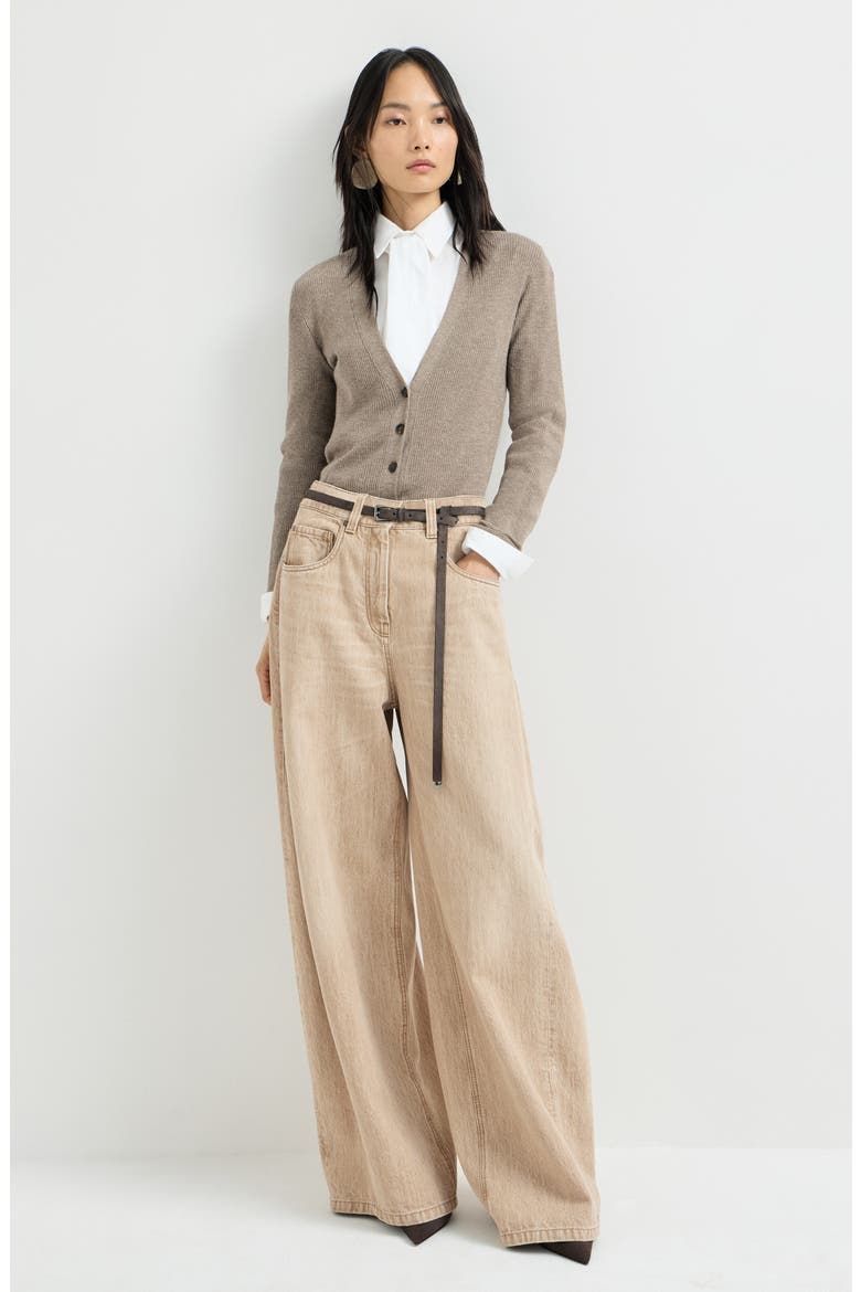 Authentic denim wide trousers with monili, Alternate, color, Sand