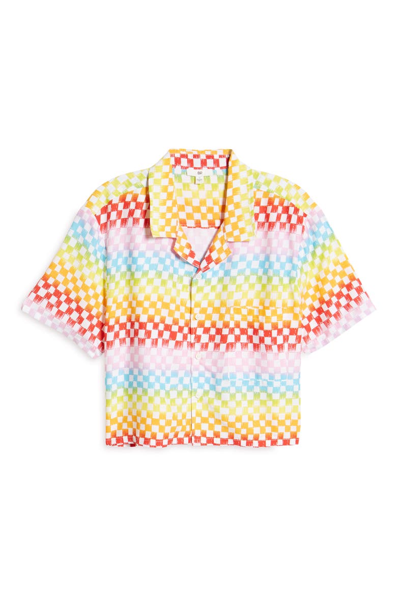 by BP Gender Inclusive Crop Camp Shirt, Alternate, color, WHITE RAINBOW ARCADE CHECK