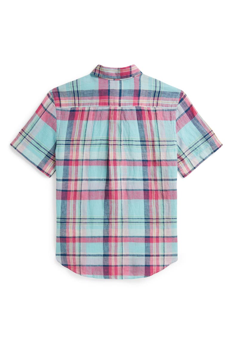Polo Ralph Lauren Kids' Plaid Linen Button-Down Shirt, Alternate, color, Seafoam Pink Multi