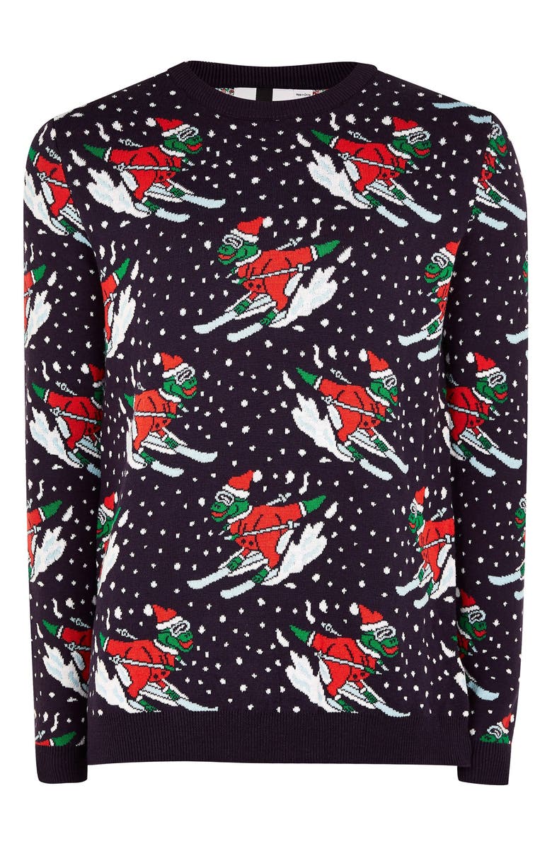 Topman Skiing Dinosaurs Holiday Sweater, Alternate, color,
