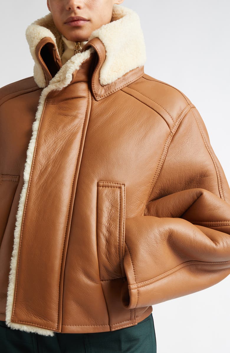 Victoria Beckham Genuine Shearling Lined Leather Pea Coat, Alternate, color, 