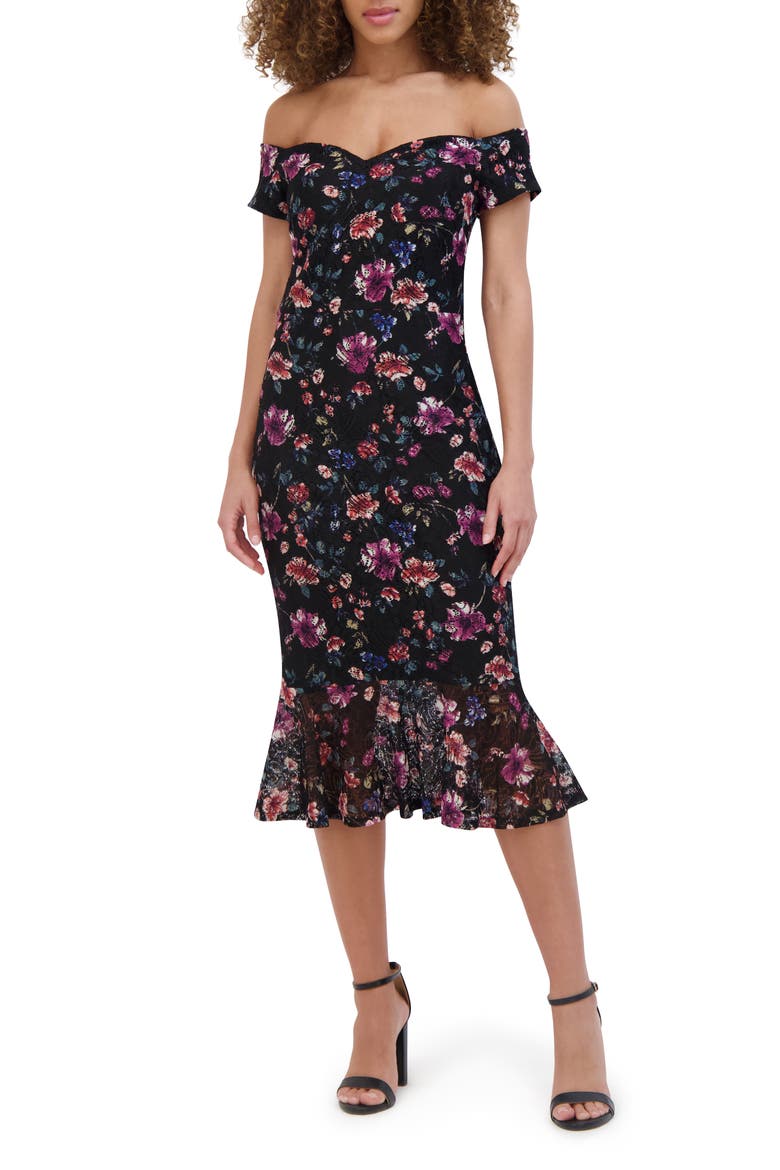 Off the Shoulder Floral Lace Dress, Main, color, BLACK MULTI