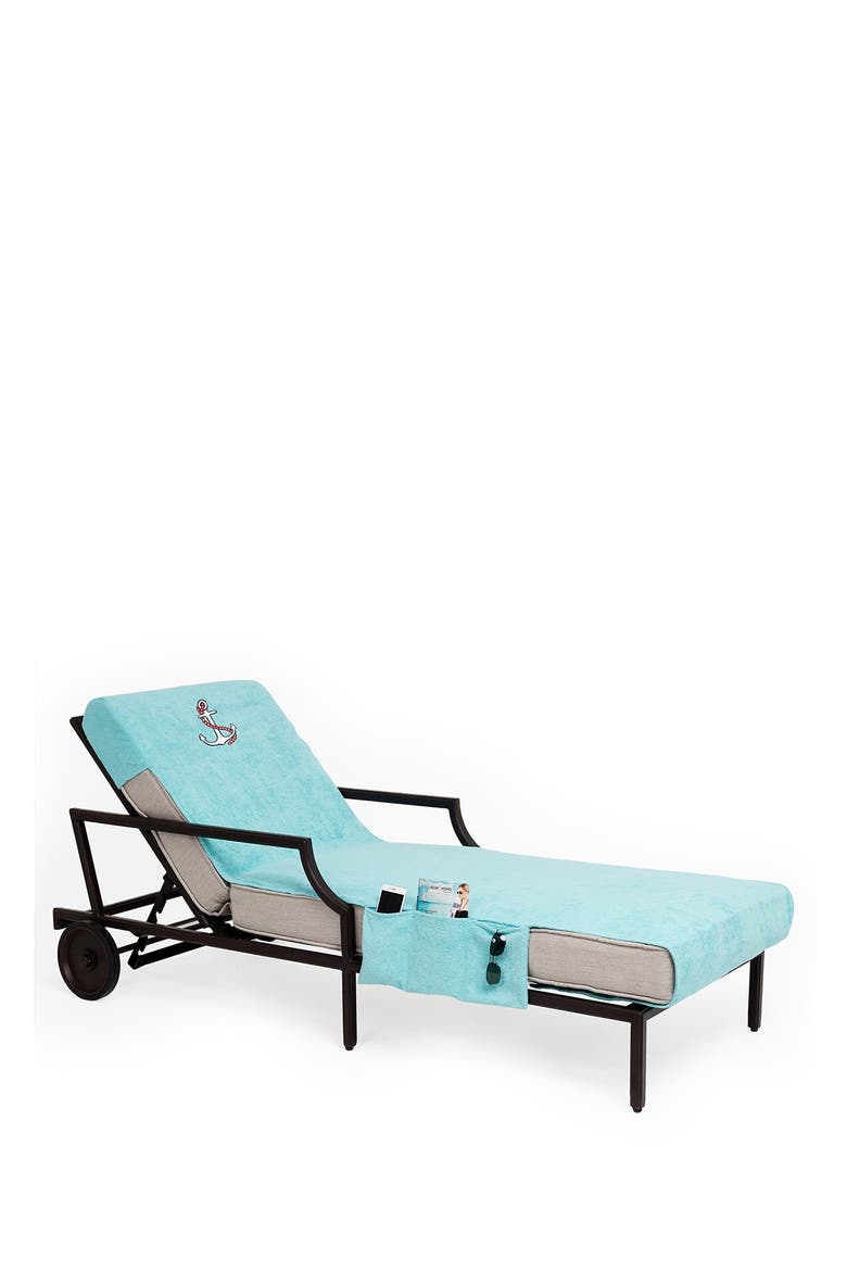 100% Turkish Cotton Anchor Embroidered Standard Size Chaise Lounge Cover With Side Pockets - Aqua, Alternate, color, AQUA