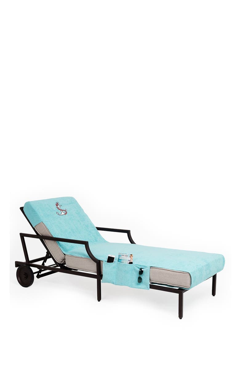 Linum Home Textiles 100% Turkish Cotton Anchor Embroidered Standard Size Chaise Lounge Cover With Side Pockets - Aqua, Alternate, color, Aqua