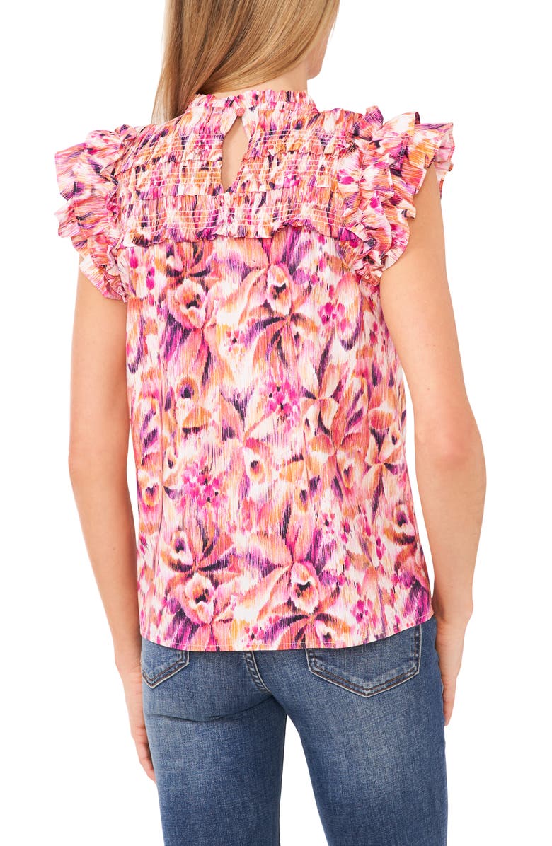 CeCe Printed Smocked Flutter Sleeve Top, Alternate, color, 