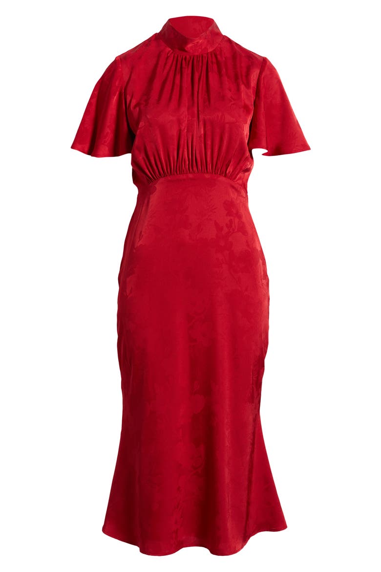 Floral Jacquard Satin Flutter Sleeve Midi Dress, Alternate, color, RED