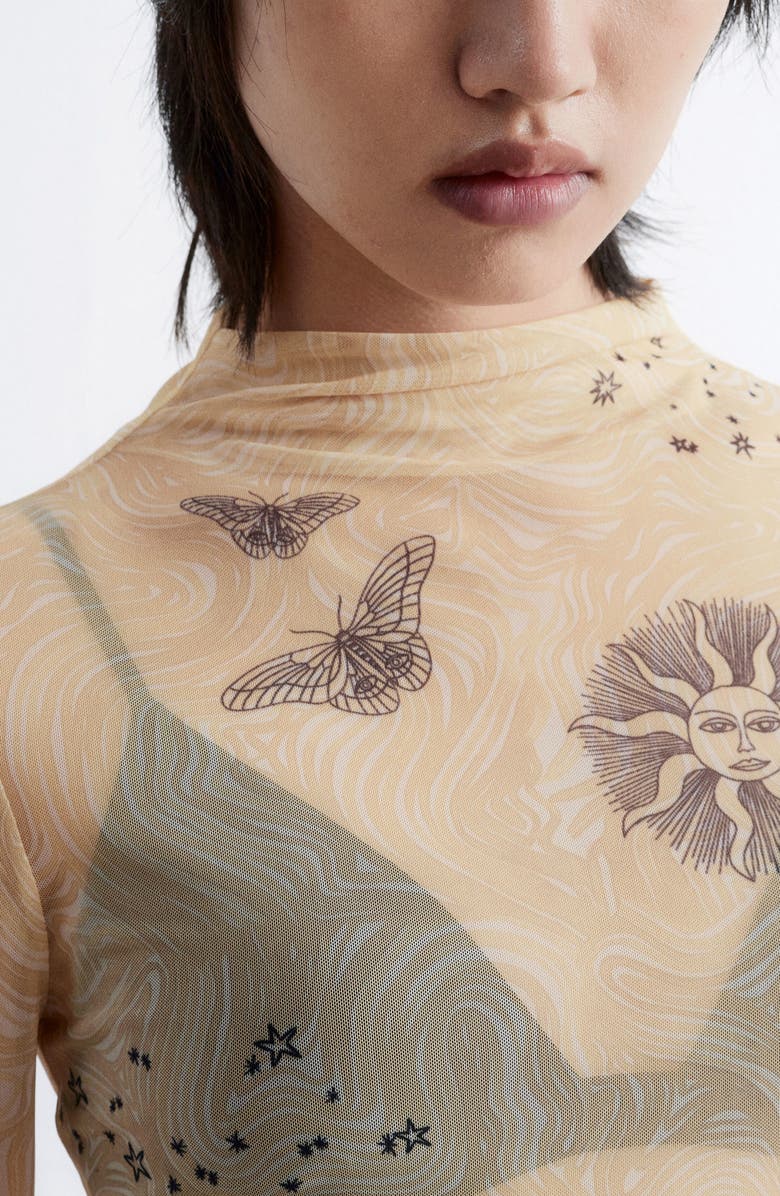 & Other Stories Mixed Print Funnel Neck Sheer Mesh Top, Alternate, color, White Dusty Light