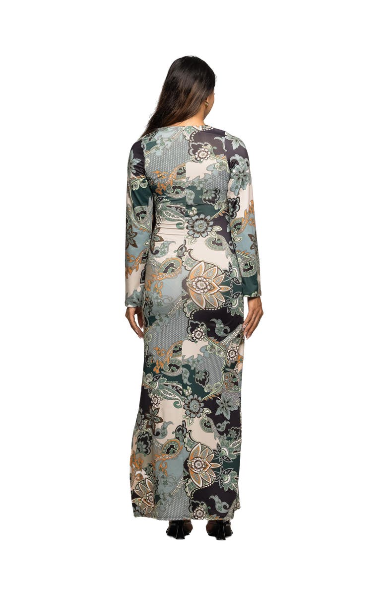 24seven Comfort Apparel Paisley Print Long Sleeve Side Slit Maxi Dress, Alternate, color, Green Multi