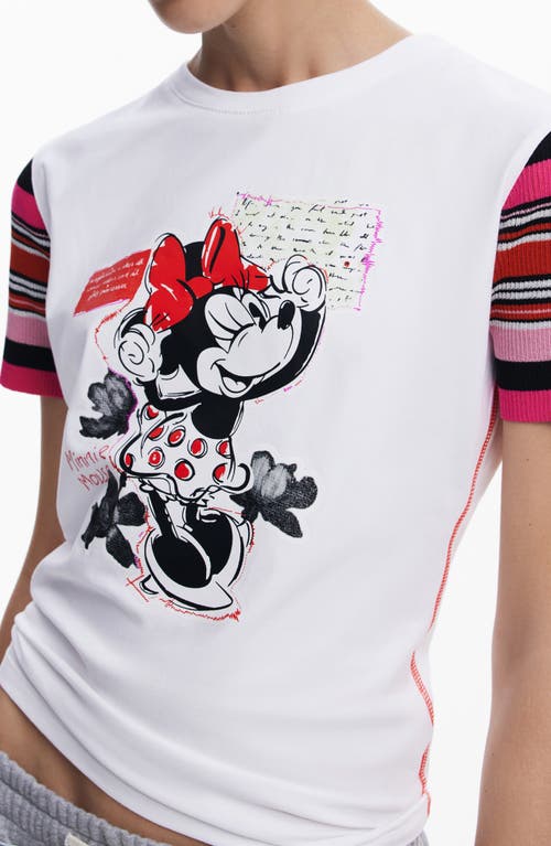 Desigual Minnie Mouse Stripe Sleeve Graphic T-shirt In White