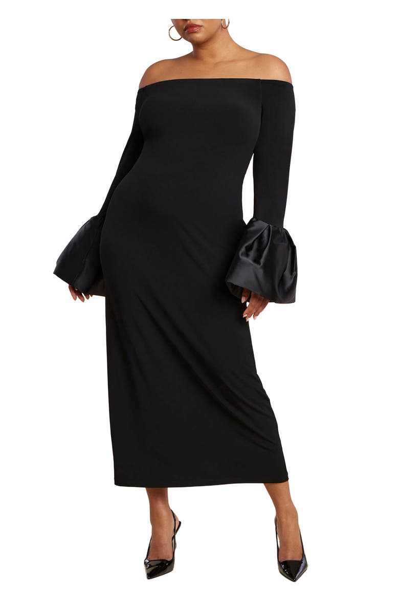 ELOQUII Off Shoulder Cuff Detail Maxi Dress, Main, color, Black Onyx