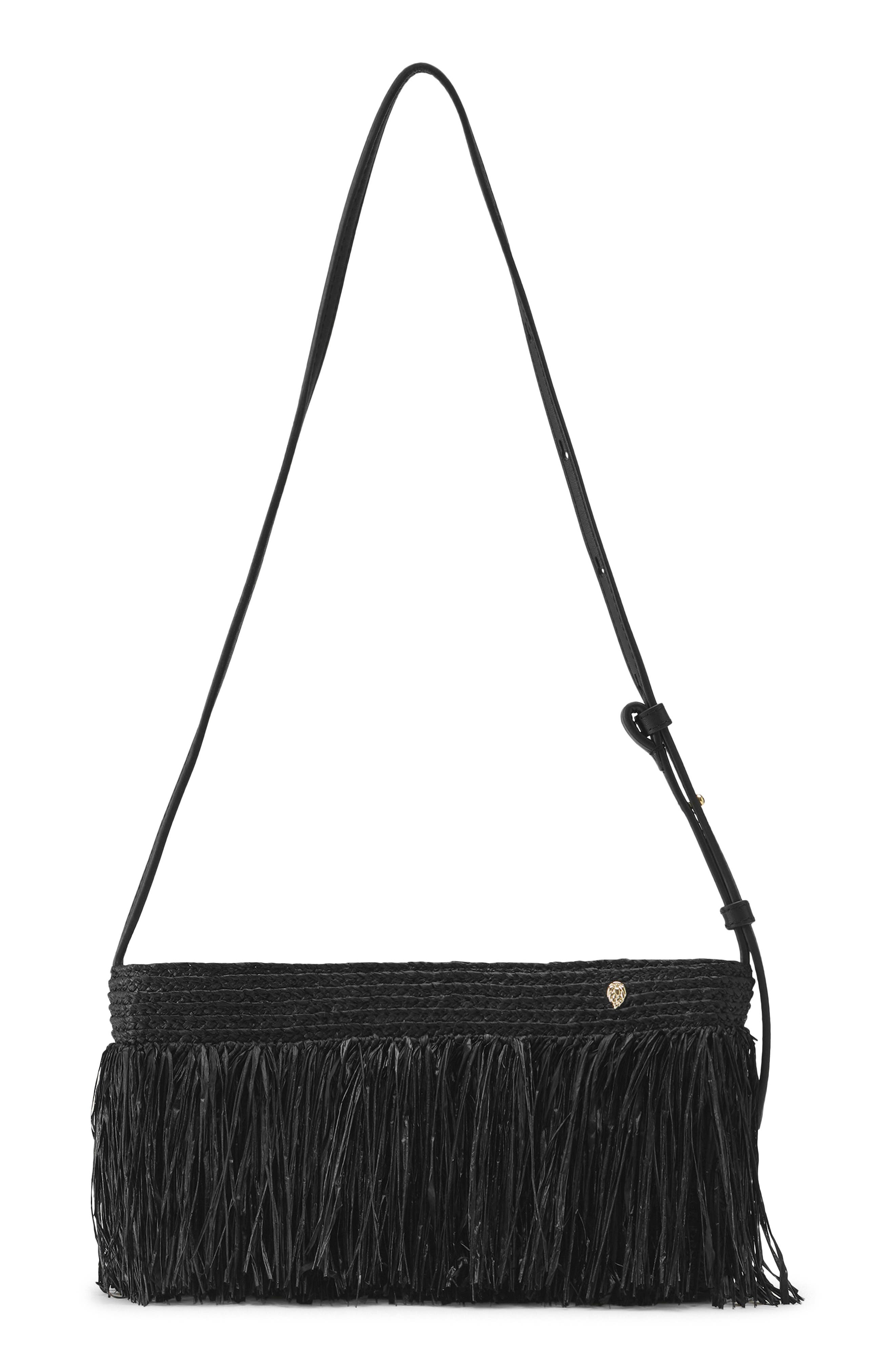 Helen Kaminski Dawn Fringe Raffia Shoulder Bag, Main, color, Black