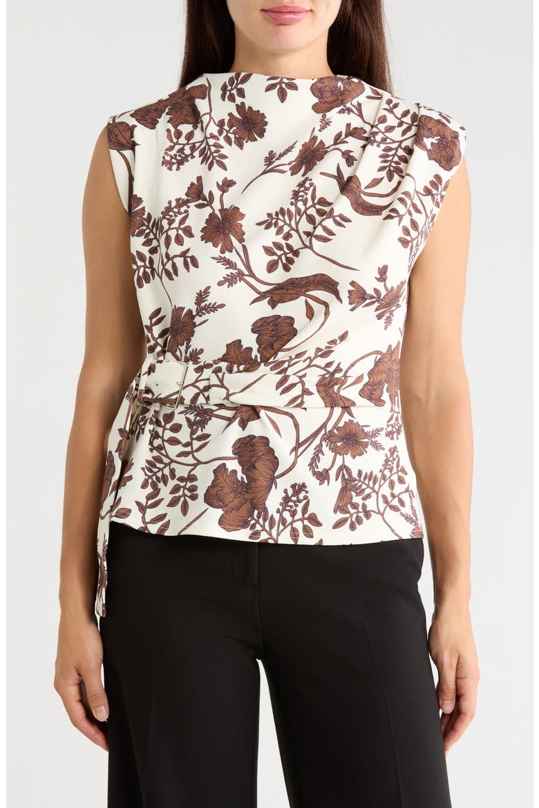 Techno Crepe Belted Top, Main, color, BONE BROWN FLORAL