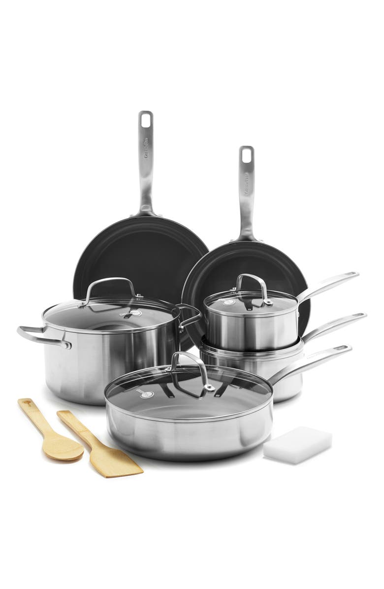 GreenPan Chatham Stainless Steel Ceramic Nonstick 12-Piece Cookware Set, Main, color, Stainless Steel