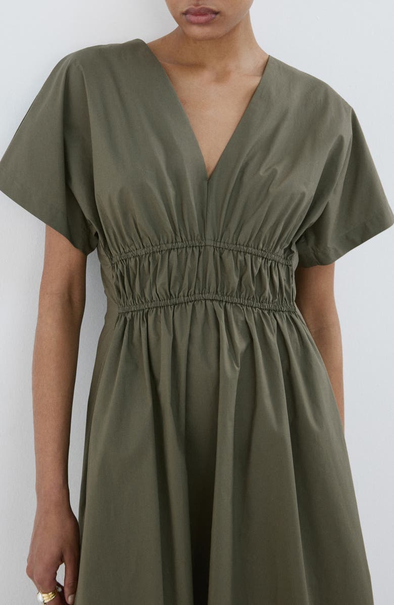 MANGO Smocked Poplin Midi Dress, Alternate, color, Khaki Green