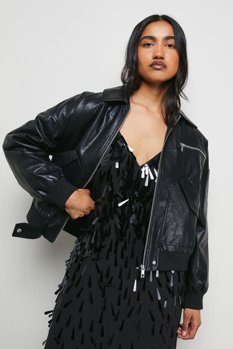 Faux Leather Distressed Bomber Jacket, Main, color, Black
