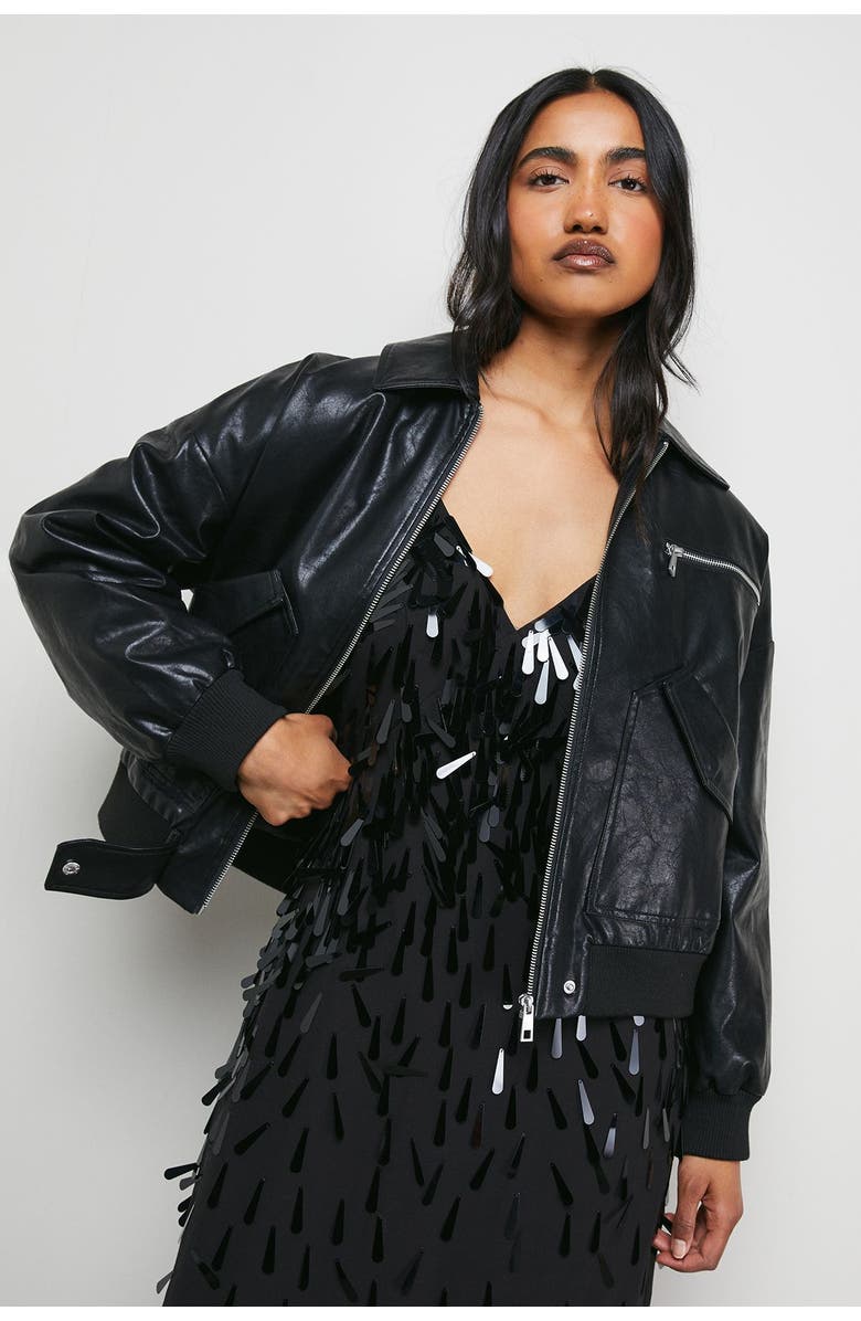 Warehouse Faux Leather Distressed Bomber Jacket, Main, color, Black