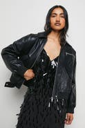 Warehouse Faux Leather Distressed Bomber Jacket