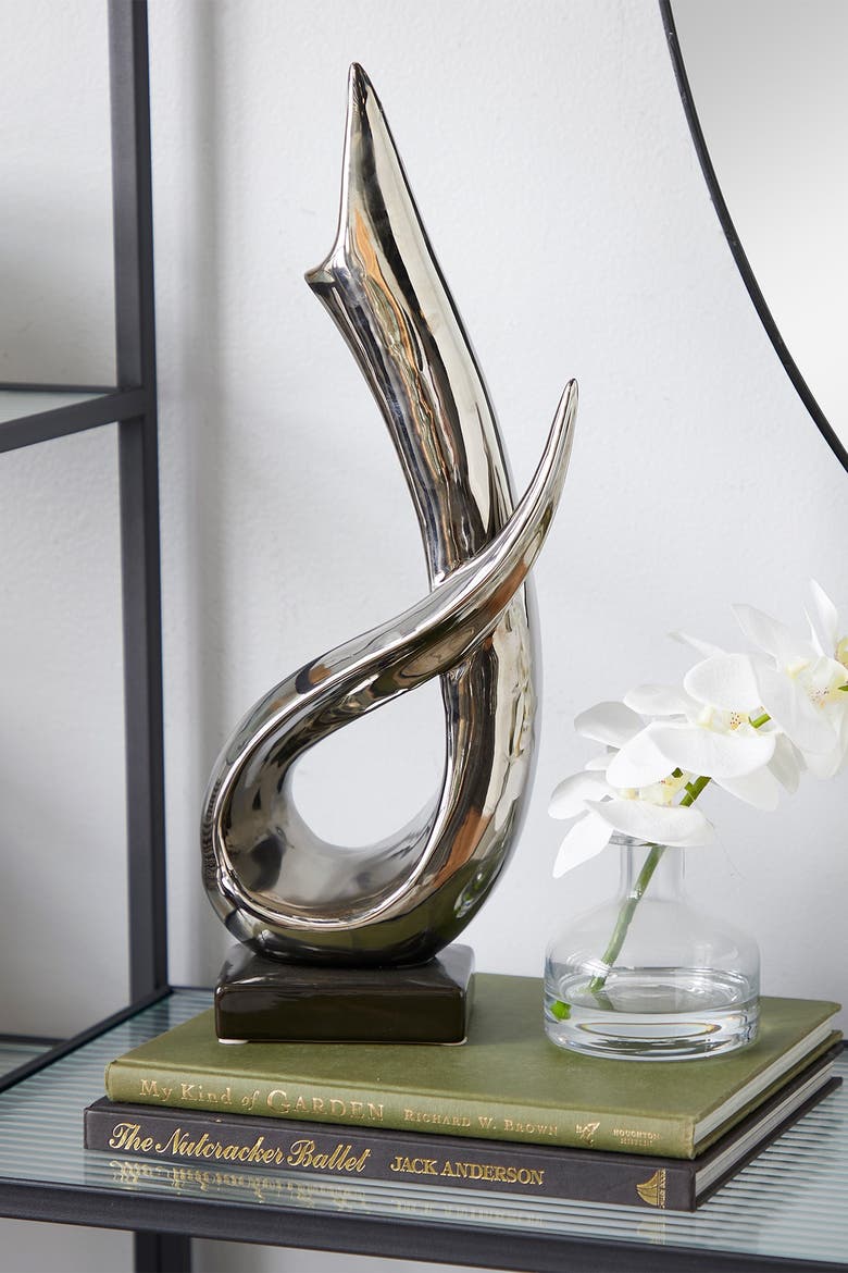 Silvertone Porcelain Abstract Sculpture with Black Base, Alternate, color, SILVER