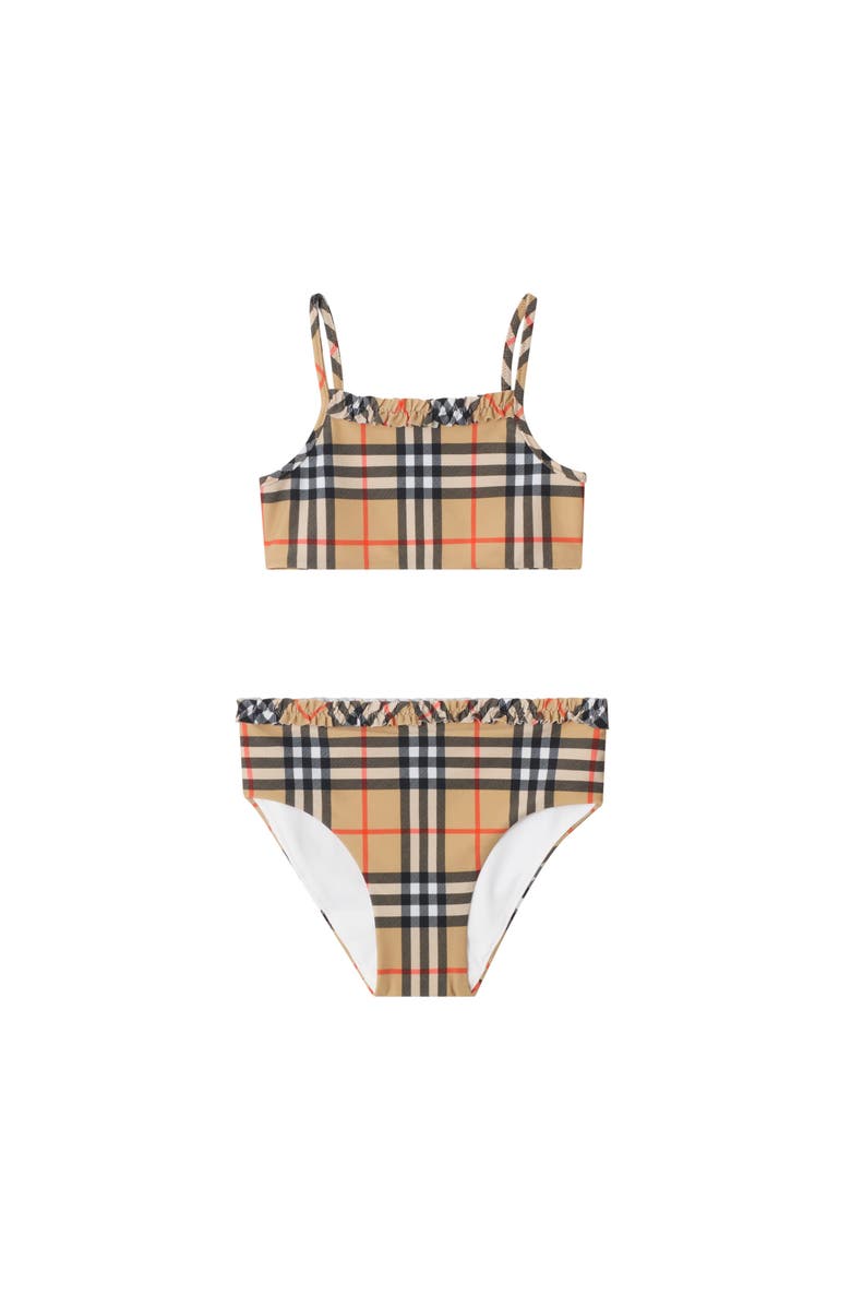 Burberry Girls' Ruffe Trim Check Bikini, Main, color, Sand Beige