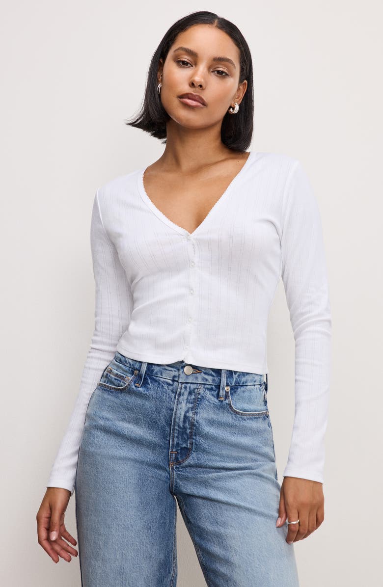 Good American Pointelle Crop Cardigan, Alternate, color, 