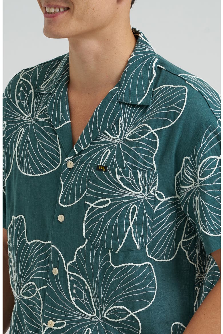 Embroidered Camp Shirt, Alternate, color, ALGAE FLORAL