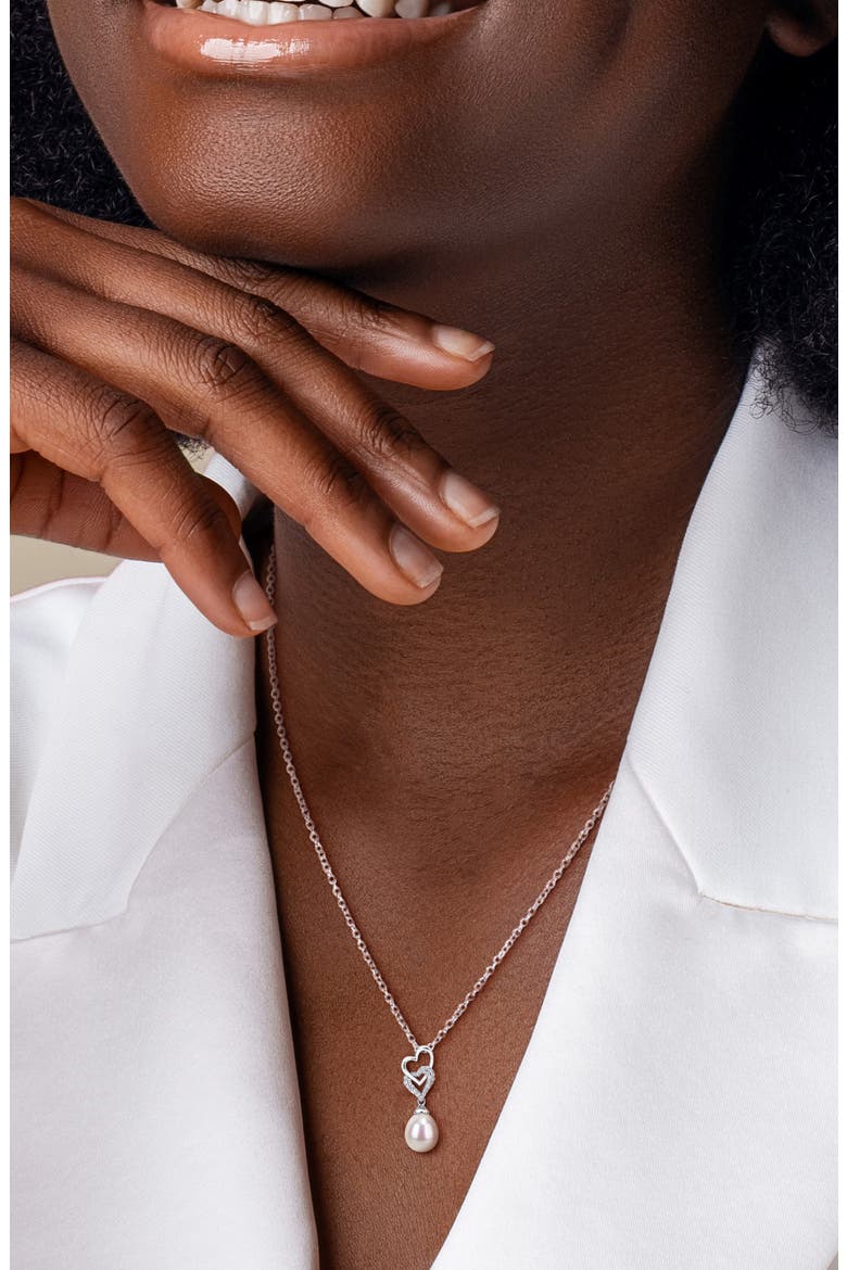 Sterling Silver Lab Created White Sapphire & Pearl Heart Pendant Necklace, Alternate, color, WHITE GOLD