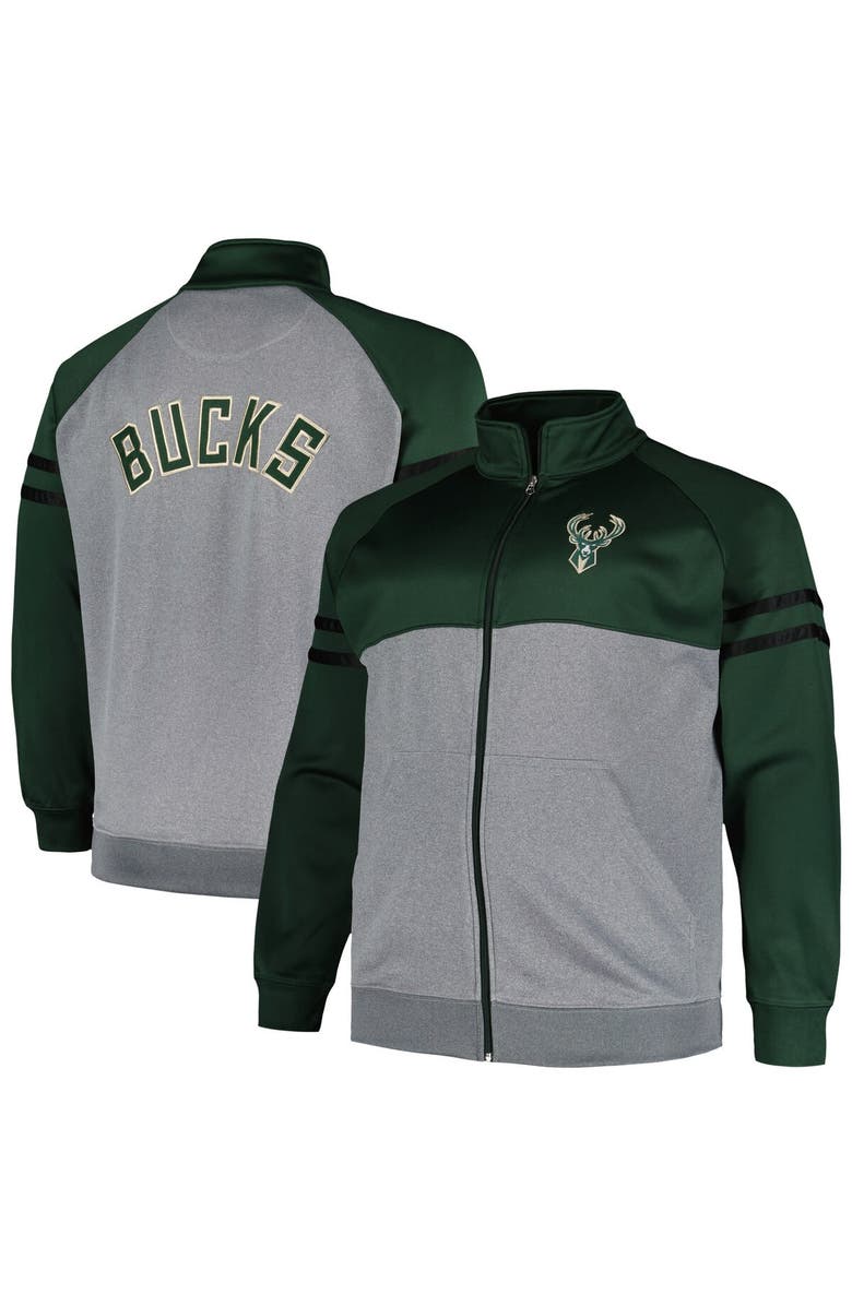 FANATICS Men's Fanatics Branded Hunter Green/Heather Gray Milwaukee Bucks Big & Tall Pieced Stripe Raglan Full-Zip Track Jacket, Main, color, 