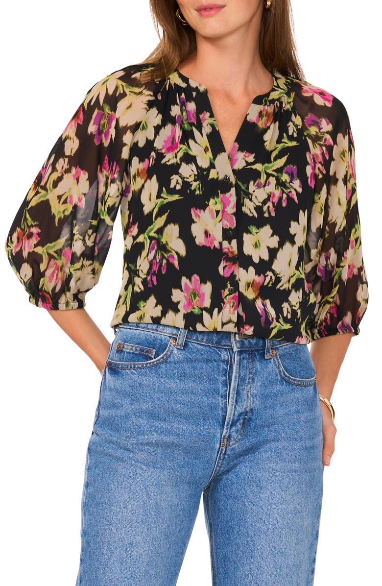 Vince Camuto Floral Print Raglan Sleeve Button-Up Top, Main, color, 