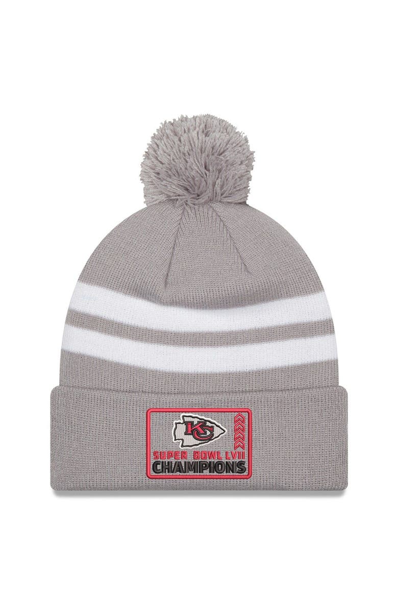 New Era Men's New Era  Gray Kansas City Chiefs Super Bowl LVII Champions Top Stripe Cuffed Pom Knit Hat, Main, color, 