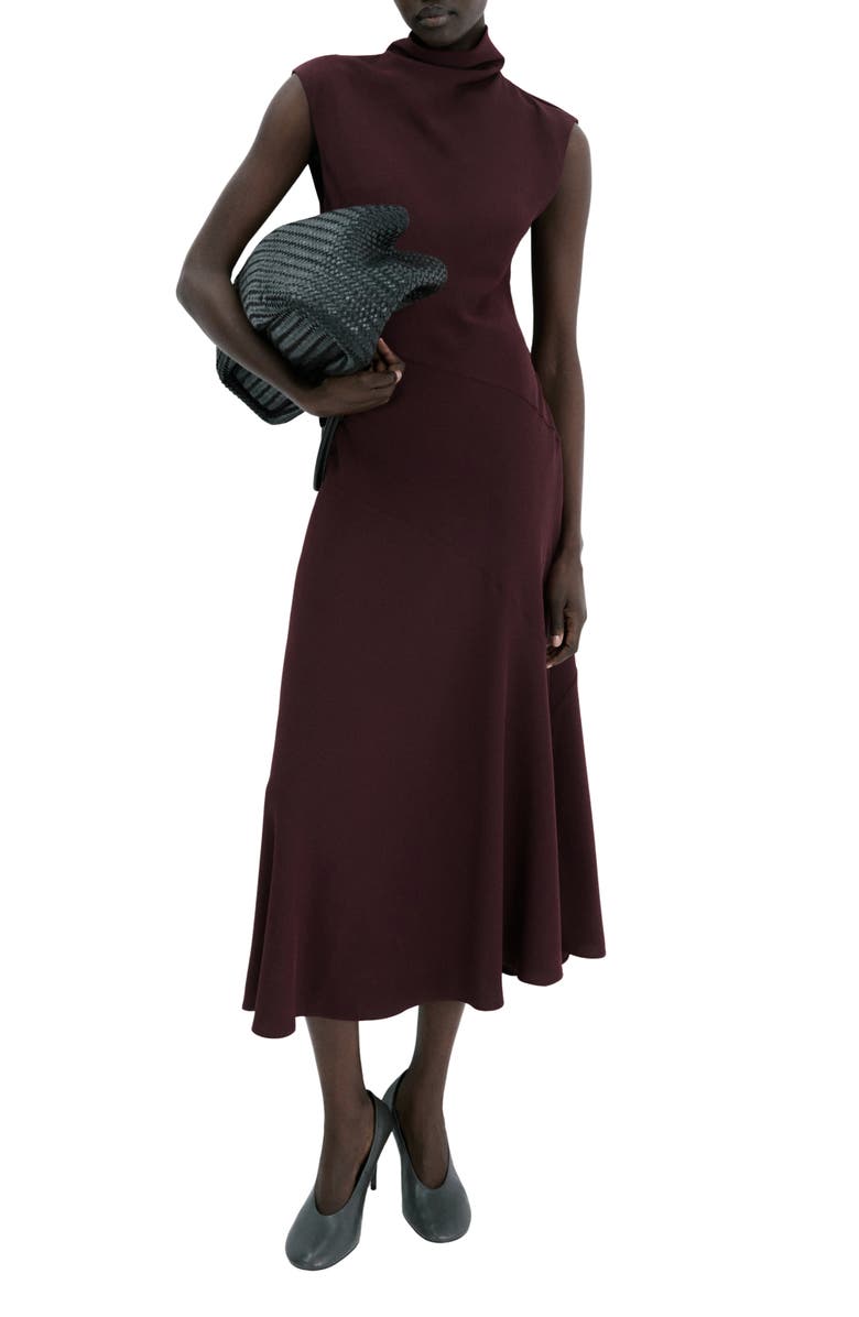 MANGO Drape Mock Neck Sleeveless Midi Dress, Main, color, Wine