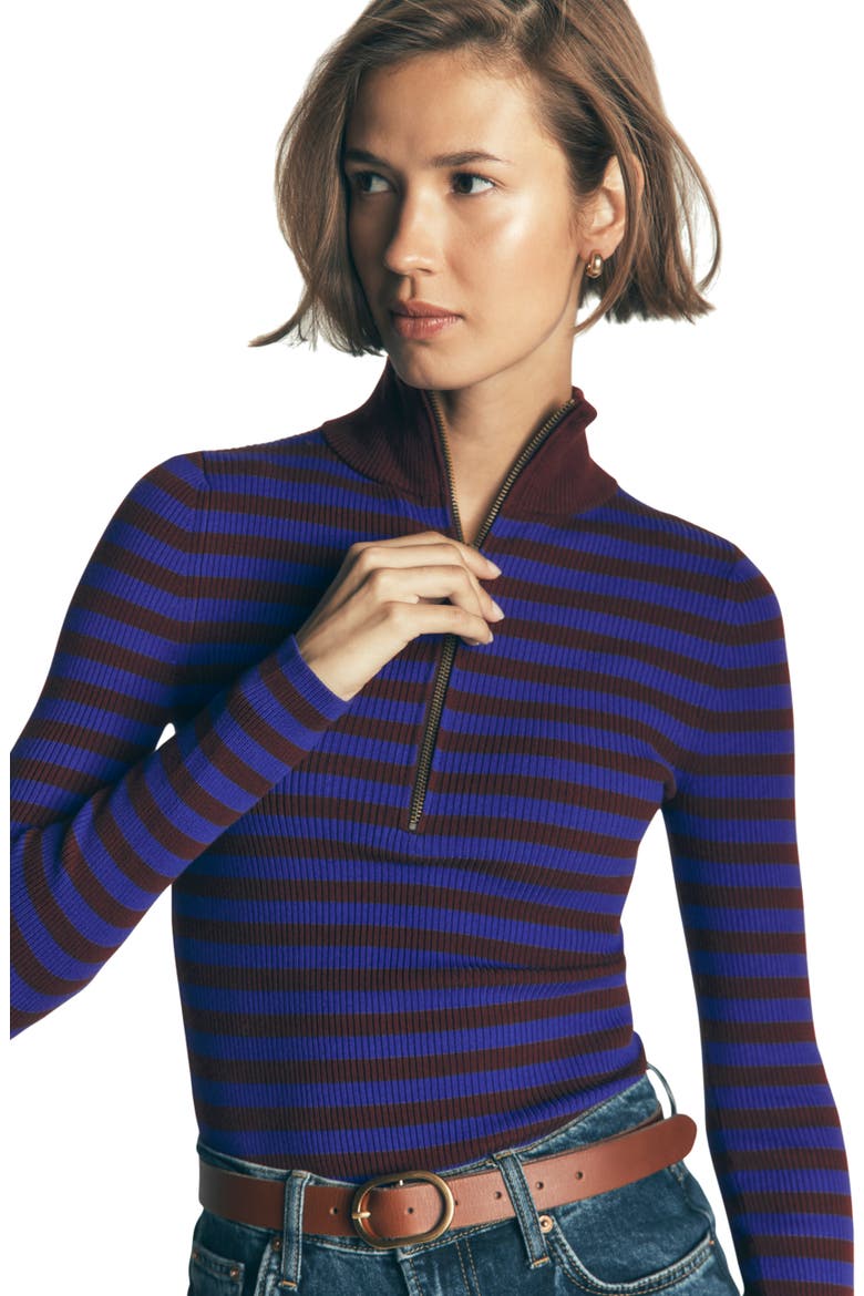 Zelda Ribbed Half Zip Sweater, Alternate, color, BRIGHT BLUE, CHESTNUT STRIPE