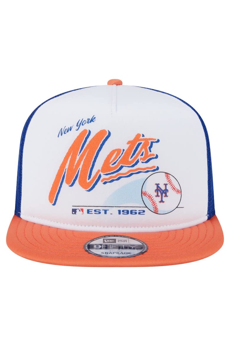 Men's New Era White/Orange New York Mets Retro Script Trucker 9FIFTY Snapback Hat, Alternate, color, White