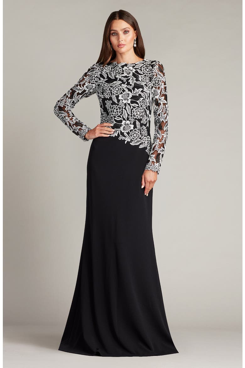 Sequin Lace Long Sleeve Crepe Gown, Alternate, color, IVORY/ BLACK