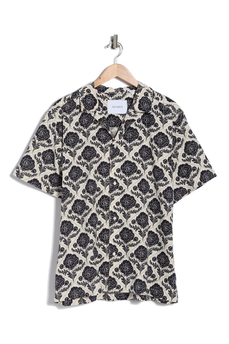 Lesley Flower Tile Organic Cotton Camp Shirt, Main, color, DARK NAVY/ IVORY