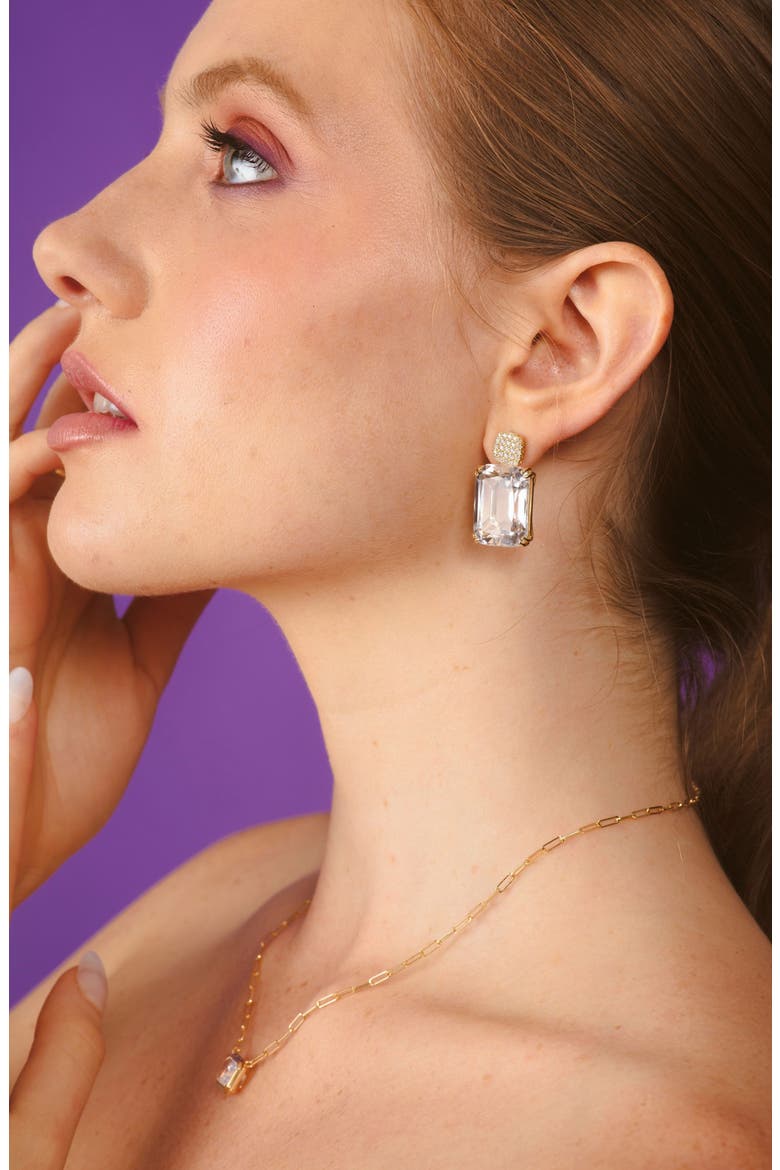 Gossip Cushion Cut Drop Earrings, Alternate, color, CLEAR