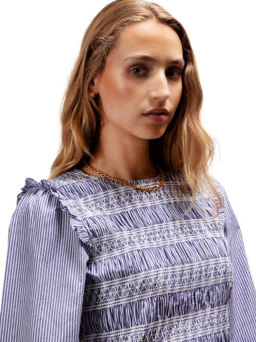 Ro&zo Womens Blue Shirred Long-sleeve Embroidered Cotton Blouse In Blue